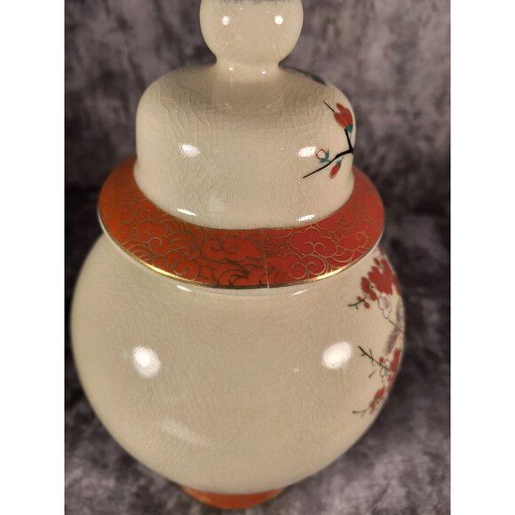 Vintage Japanese Ceramic Ginger Jar W Lid Hand-Painted Floral Design Red & Gold - Picture 4 of 5